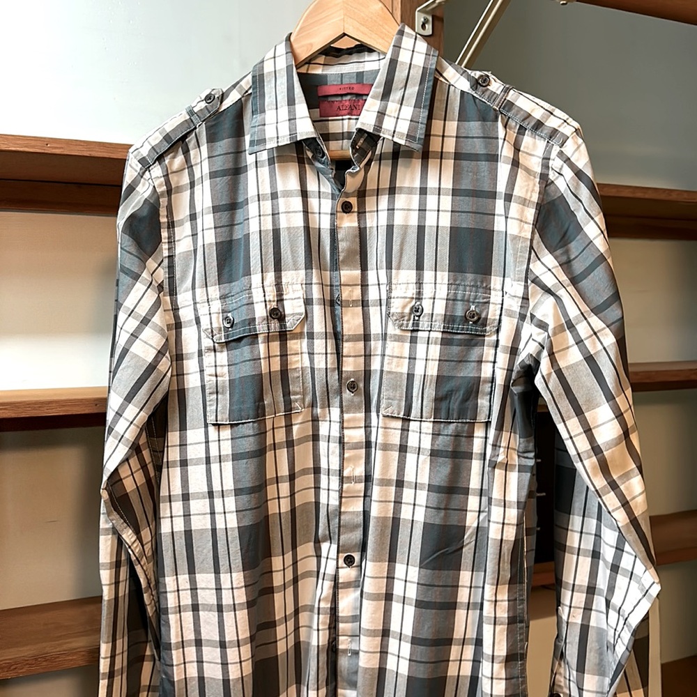 Alfani Fitted Patterned Button-Down, Blue-Green, … - image 1